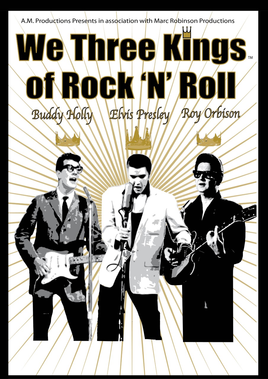 We three kings of Rock N&#039; Roll with separate images of Buddy Holly, Elvis, and Roy Orbison